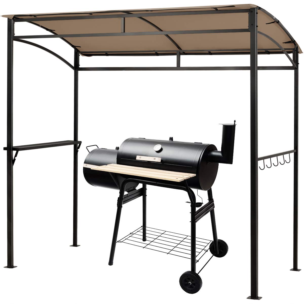 Giantex 7x4.4ft Grill Gazebo, Patio Outdoor Backyard BBQ Canopy Shelter, Soft Top, Heavy-Duty Steel Construction, Storage Shelf, Hanging Hooks, Bear Opening Setting, Anchor Kit (Brown) Giantex
