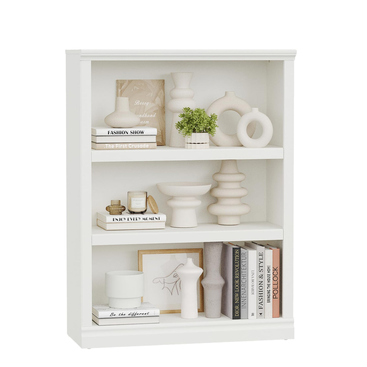 Blini 3-Shelf Tall Bookcase in White - Stylish Wooden Storage Solution for Home & Office blini
