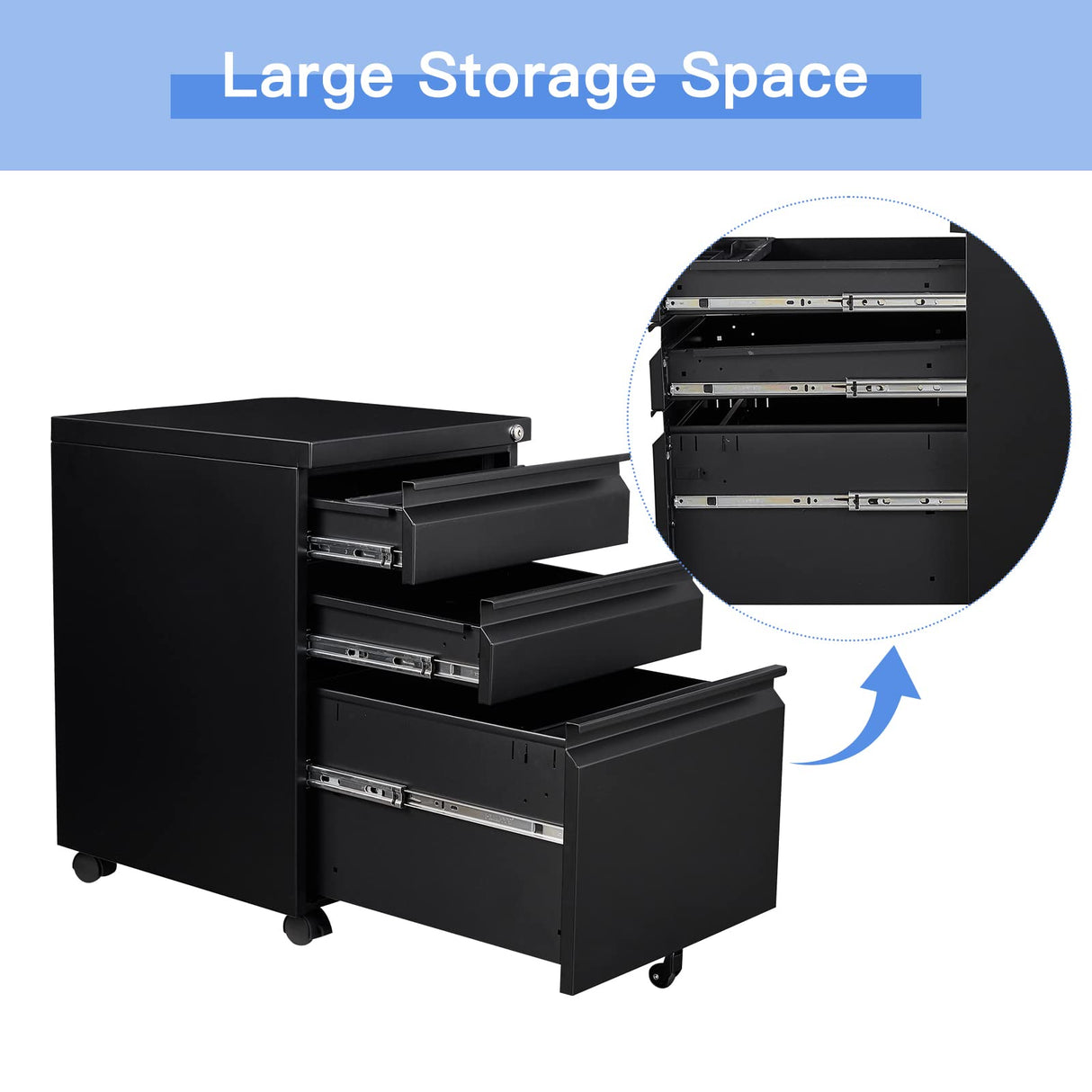 Yizosh 3 Drawer Mobile File Cabinet with Lock, Black Under Desk Rolling Filing Cabinet, Metal Locking File Cabinet on Wheels for Legal/Letter/A4 File (Full Assemble) Yizosh