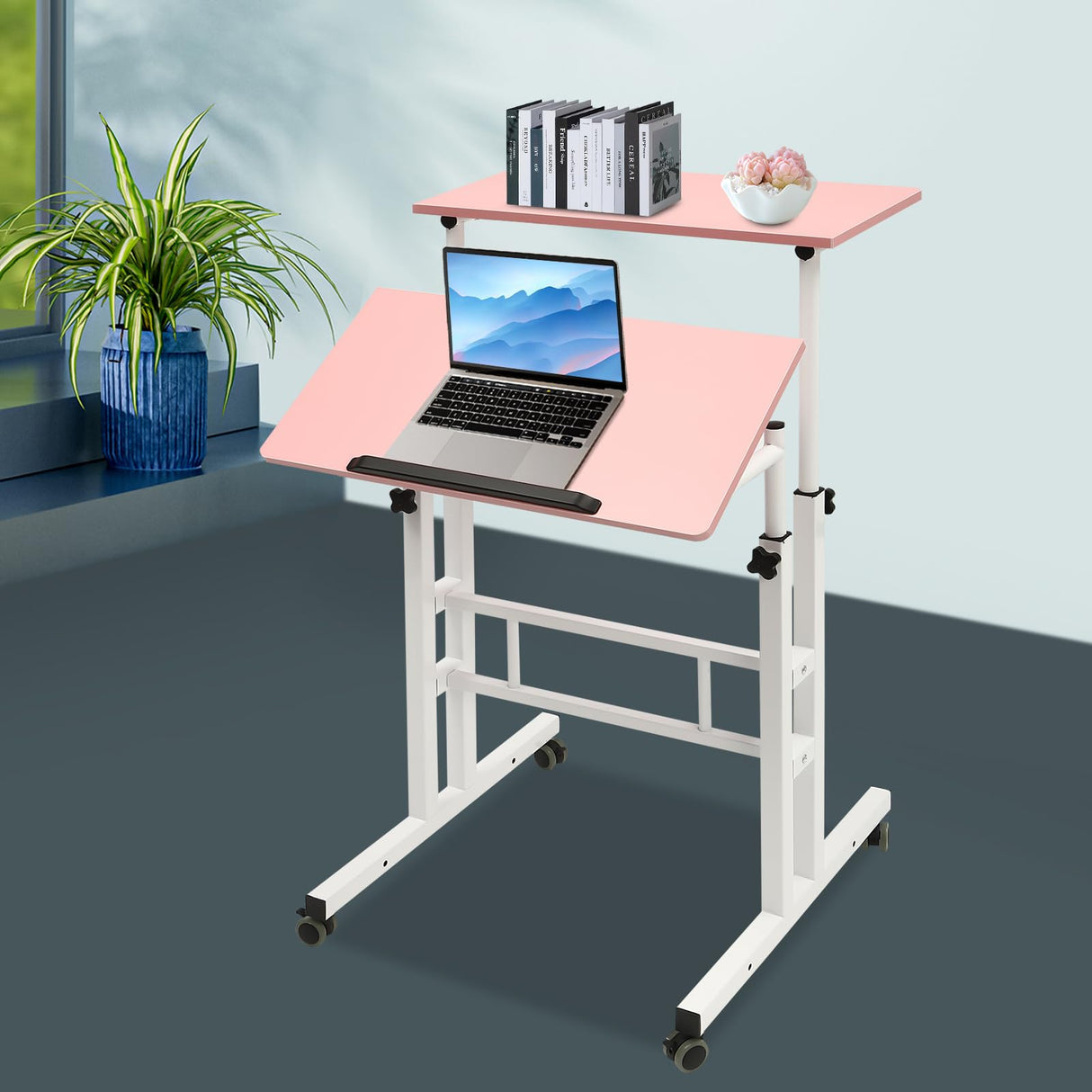 LEYSRIS Mobile Standing Desk Stand up Computer Desk Workstation with Universal Wheels, Adjustable Height Dual Desktop Tilting Panel Rolling Computer Cart (Pink) LEYSRIS