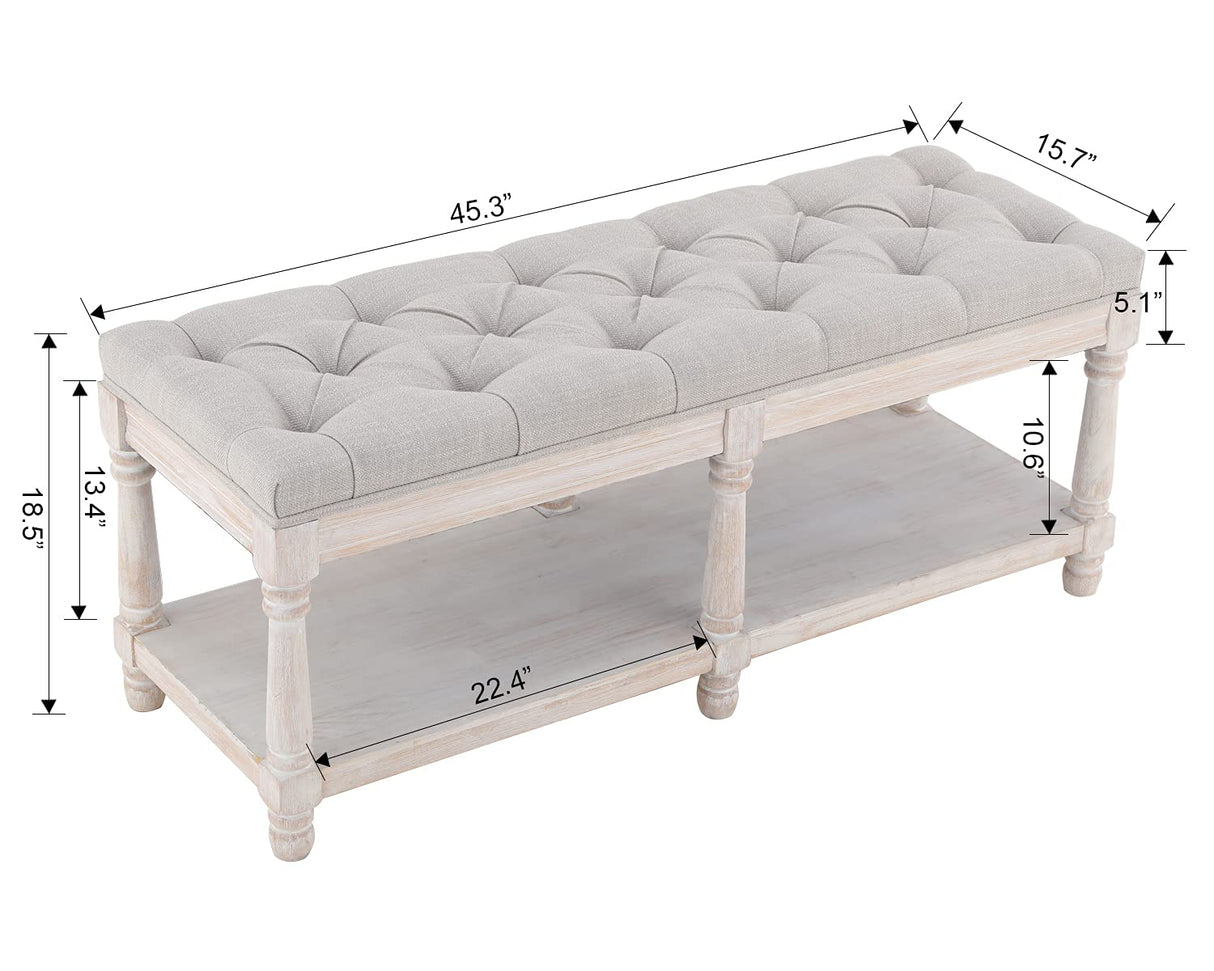Janoray Farmhouse Storage Bench Wooden Entryway Upholstered Tufted Ottoman Bench for Bedroom End of Bed Hallway Organizer, Beige Janoray