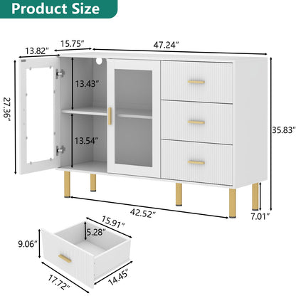 Gyfimoie Sideboard Buffet Cabinet with LED Light, 47.2" Kitchen Storage Cabinet with Glass Doors and 3 Drawers, Modern Coffee Bar Cabinet, Buffet Table for Dining Room Living Room Kitchen (Wh - WoodArtSupply