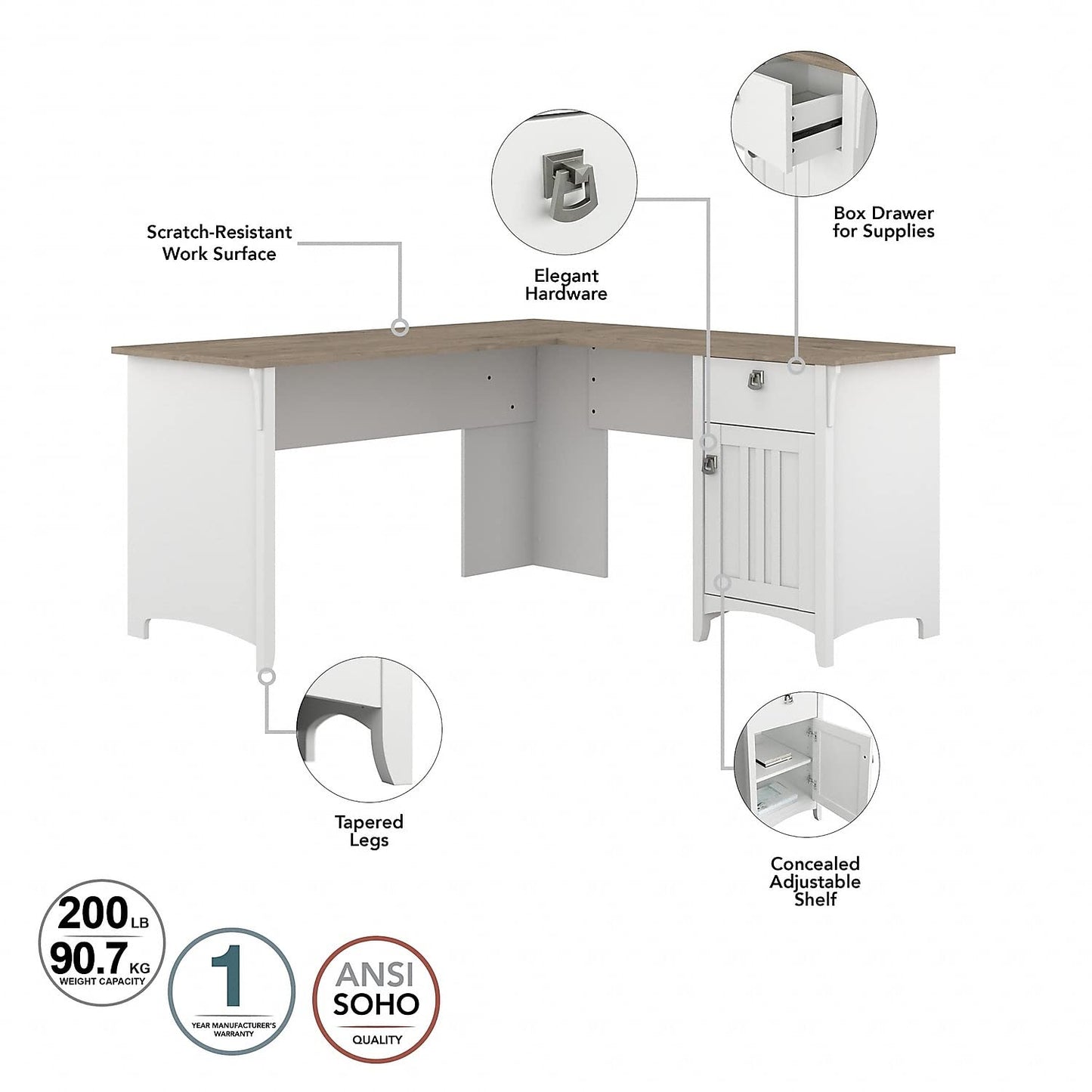 Bush Furniture Salinas L Shaped Desk with Hutch | Corner Table with Drawers and Storage for Home Office, 60W, Pure White and Shiplap Gray - WoodArtSupply