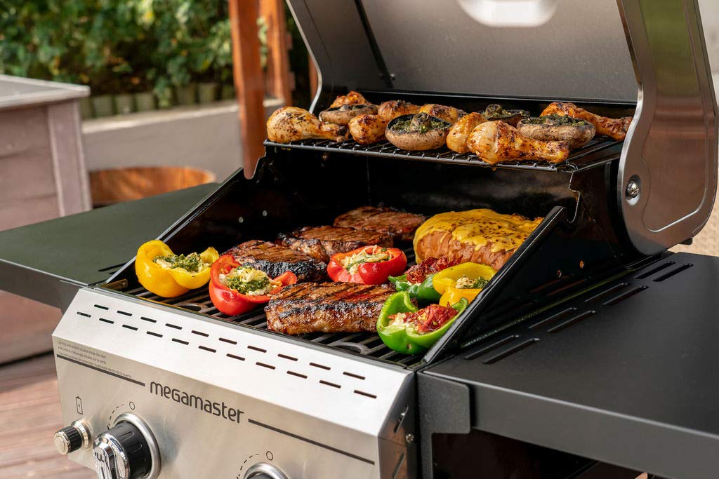 Megamaster 2-Burner Propane Barbecue Gas Grill with Foldable Side Tables, Perfect for Camping, Outdoor Cooking, Patio, Garden Barbecue Grill, 28000 BTUs, Silver and Black, 720-0864MA Megamaster