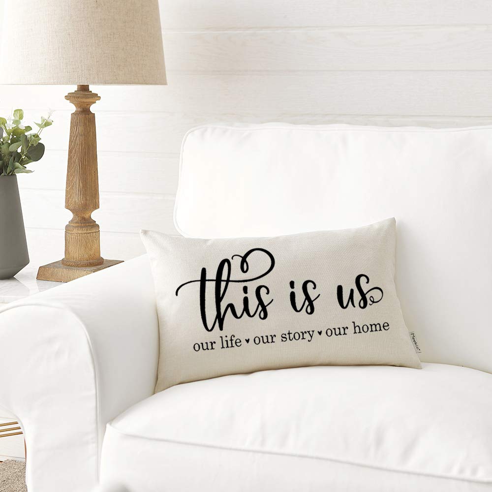 Meekio Farmhouse Pillow Covers with This is Us Quote 12" x 20" Farmhouse Rustic Décor Lumbar Pillow Covers with Saying Housewarming Gifts Family Room Décor Meekio