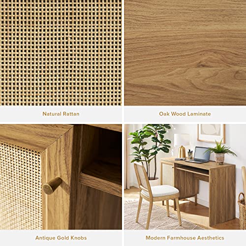 mopio Haylee Farmhouse Rattan Study Desk with Adjustable Shelf Storage Space mopio