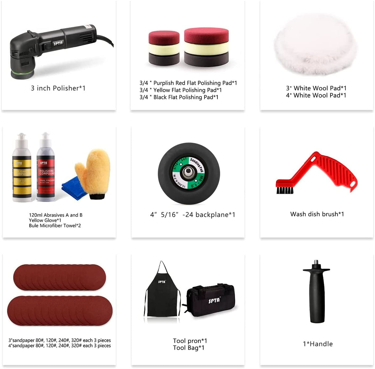 Buffer Polisher, SPTA Orbital Car Polisher 3 Inch 10mm/780W Variable Speed Orbit Dual Action Polisher Auto Detailing Tools With DA Polishing Pads+Sanding Discs+Pad Conditioning Brush+Scratch Remover SPTA