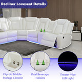 Anthato Power Recliner Sectional Sofa Set with LED, Modern L-Shaped Reclining Sofa, Leather Reclining Corner Couch with Cup Holders/Storage/USB Charging Ports for Living Room/Home Theater, Cream White Anthato