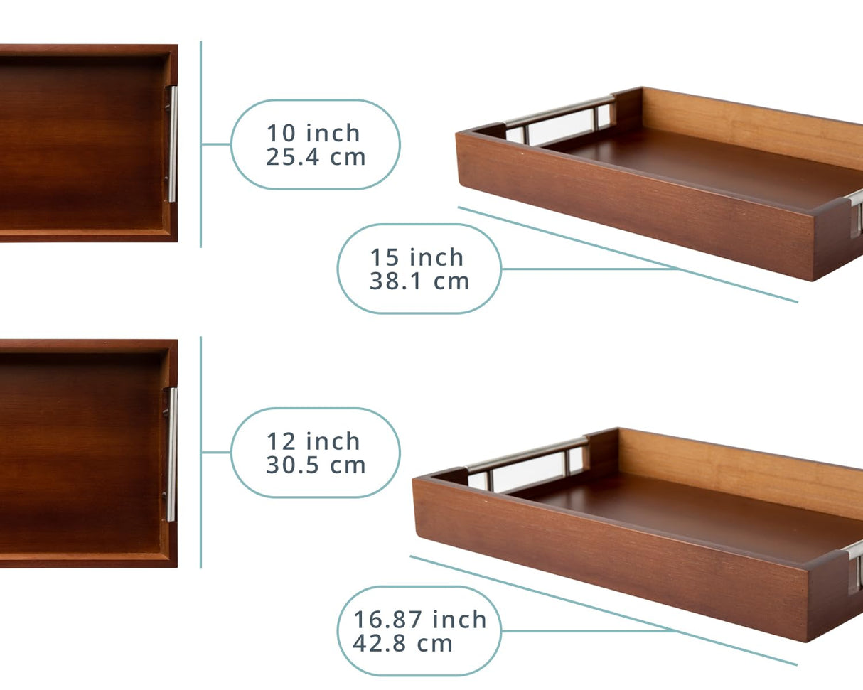 Set of 2 Decorative Serving Trays - Bamboo + Silver Stainless Steel Handles - Coffee Table or Ottoman Tray for Breakfast in Bed Jewelry, Decor Organization - 12"x17" - Stained Brown Finish Comfify