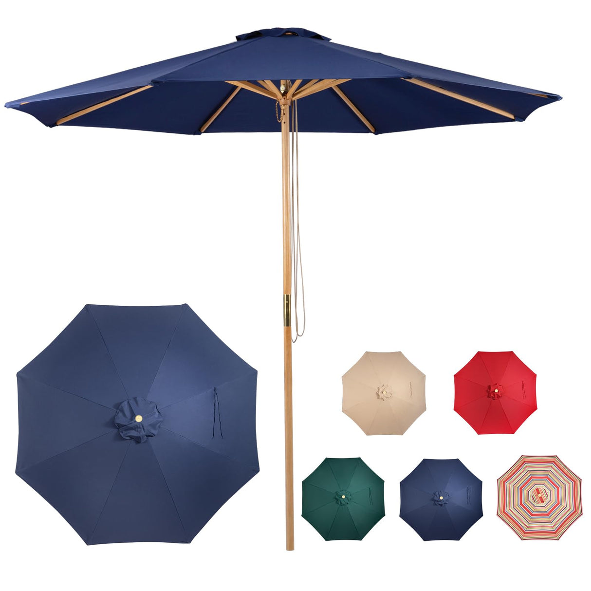 CASUNER 9FT Bamboo Table Umbrella Patio Outdoor Umbrella Market Round Umbrella with Pulley Lift Windproof & Waterproof, 8 Ribs with Polyester Cover for Garden, Deck, Pool, lawn, Backyard (NAVY) CASUNER