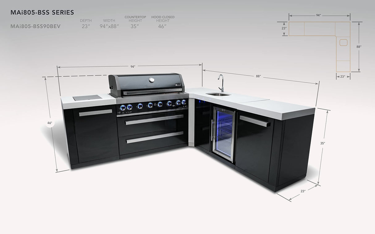 Mont Alpi MAi805-BSS90BEV 44-inch 6-Burner 115000 BTU 90 Degree Corner Black Stainless Steel Gas Outdoor Kitchen Bar Barbecue Island Grill w/Wine Cooler Beverage Center Refrigerator Mont Alpi