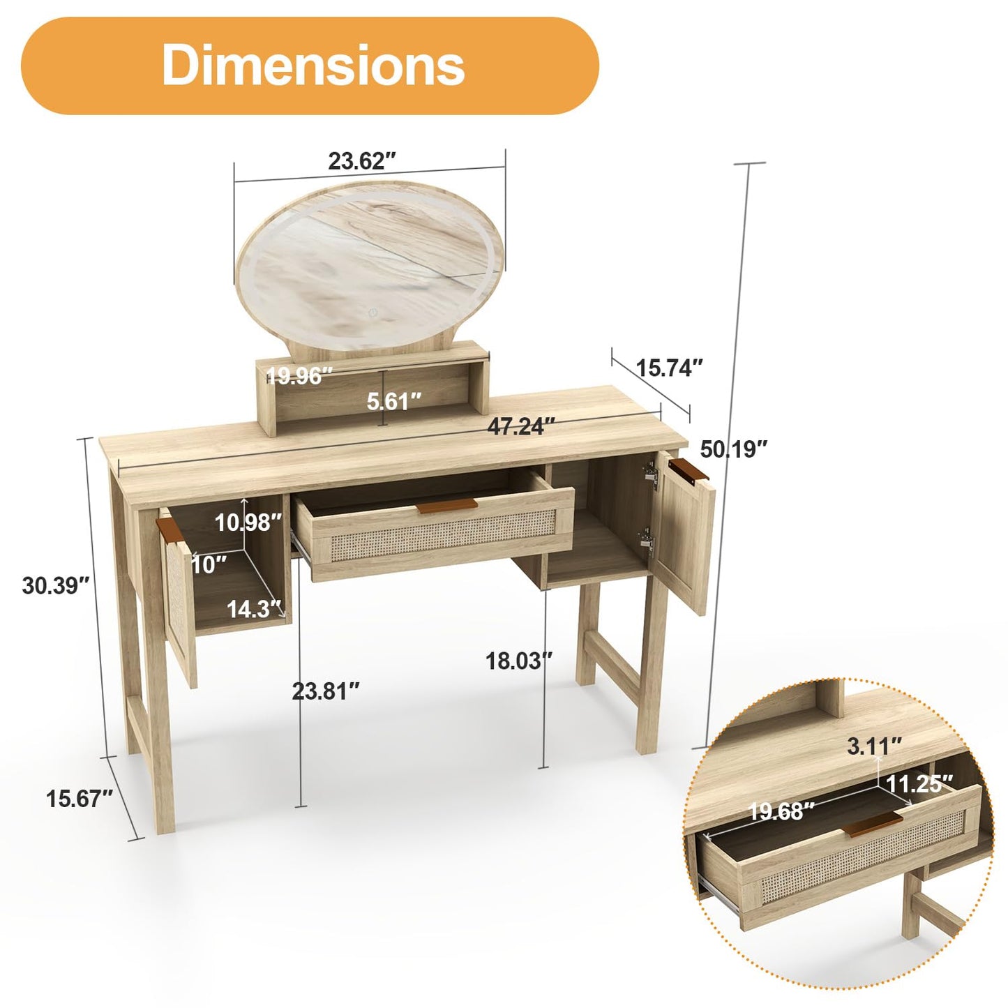 Vikiullf Rattan Vanity Desk with Led Lighted Mirror - 47 in Wood Makeup Vanity with Rattan Drawers & Cabinet, Dressing Makeup Table, for Girls Bedroom (Rattan, 47 inches) - WoodArtSupply