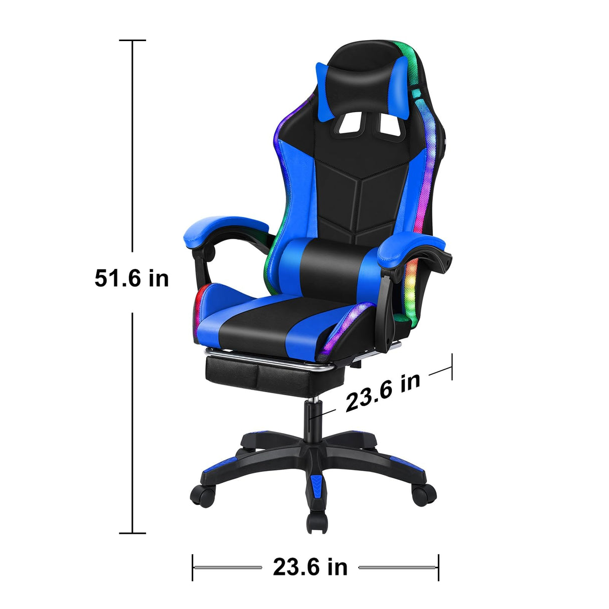 Gaming Chair, Computer Chair with Footrest and Lumbar Support, Height Adjustable Game Chair with 360° Swivel Seat and Headrest, High Back Office Chair with Bluetooth Speakers and RGB LED Lights Blue NEREIDS NET