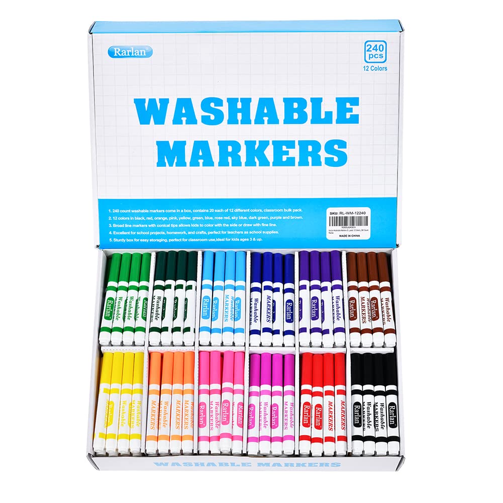 Rarlan Washable Markers Bulk, Markers for Kids, Bulk pack, 12 Colors, 240 Count Rarlan