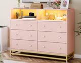 Pink Dresser for Bedroom, Wooden Modern 6 Drawers Long Dresser with Charging Station and Led Lights Design, Large Capacity Storage Chest of Drawers, Wide Drawers for Living Room, Hallway Garveehome