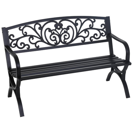 FDW Outdoor 50 Inches Garden Bench, Slatted Seat Armrests Floral Design Backres and Arch Legs, Perfect for Park, Yard, Porch, Lawn, Balcony, Backyard, Black FDW