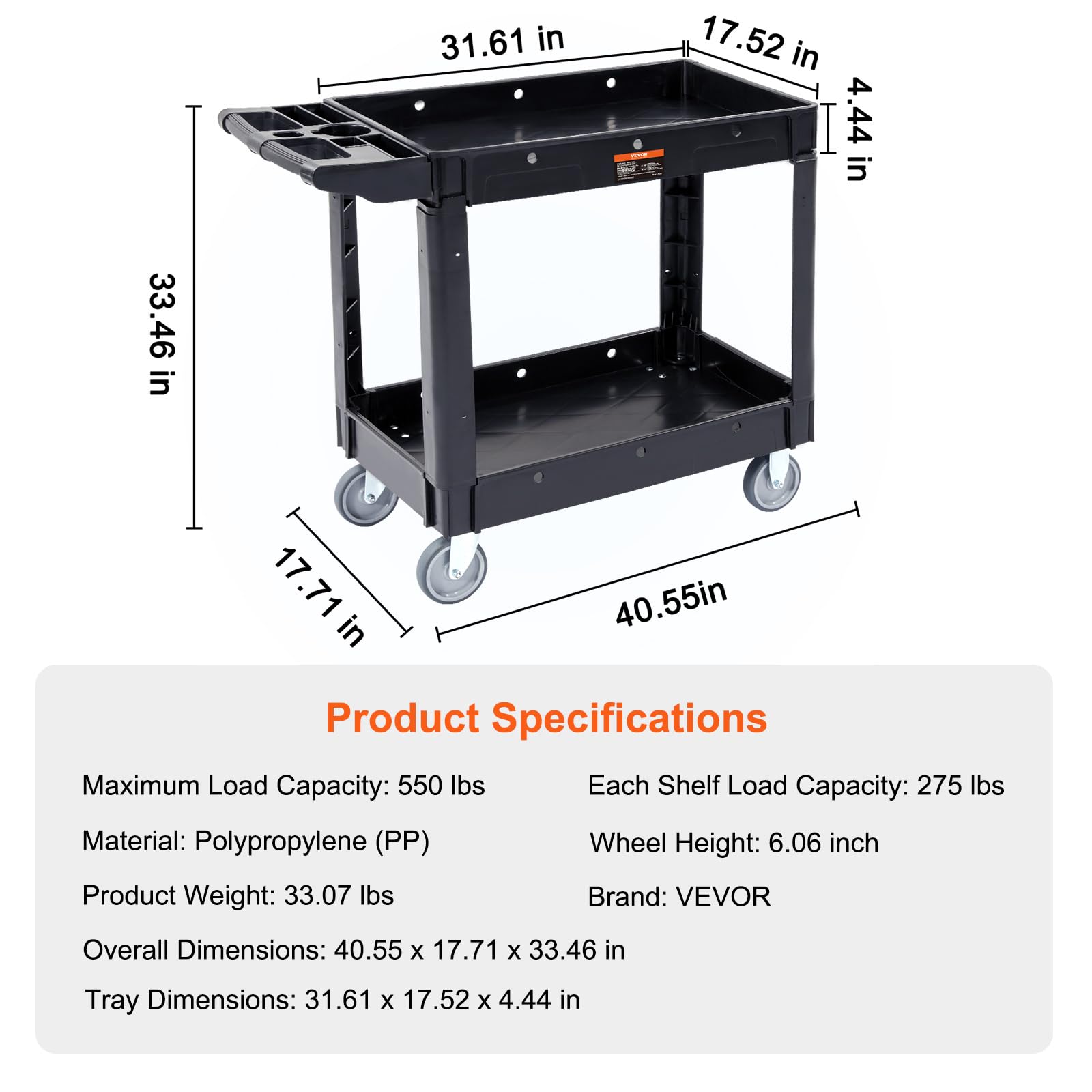 VEVOR Utility Service Cart, 2 Shelf 550LBS Heavy Duty Plastic Rolling Utility Cart with 360° Swivel Wheels, Medium Lipped Shelf, Ergonomic Storage - WoodArtSupply