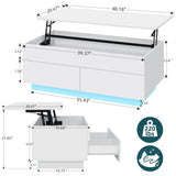 HOMMPA 40'' Lift Top Coffee Table for Living Room, White Coffee Tables with Storage, LED Modern Coffee Table Rectangular White Gloss, Flip Top Center Table with 2 Drawers and Hidden Compartment HOMMPA