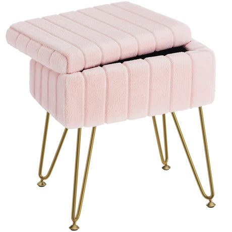 Greenstell Vanity Stool Chair Faux Fur with Storage, 15.7"L x 11.8"W x 19.4"H Soft Ottoman 4 Metal Legs with Anti-Slip Feet, Furry Padded Seat, Modern Multifunctional Chairs for Makeup, Bedroom Pink GREENSTELL