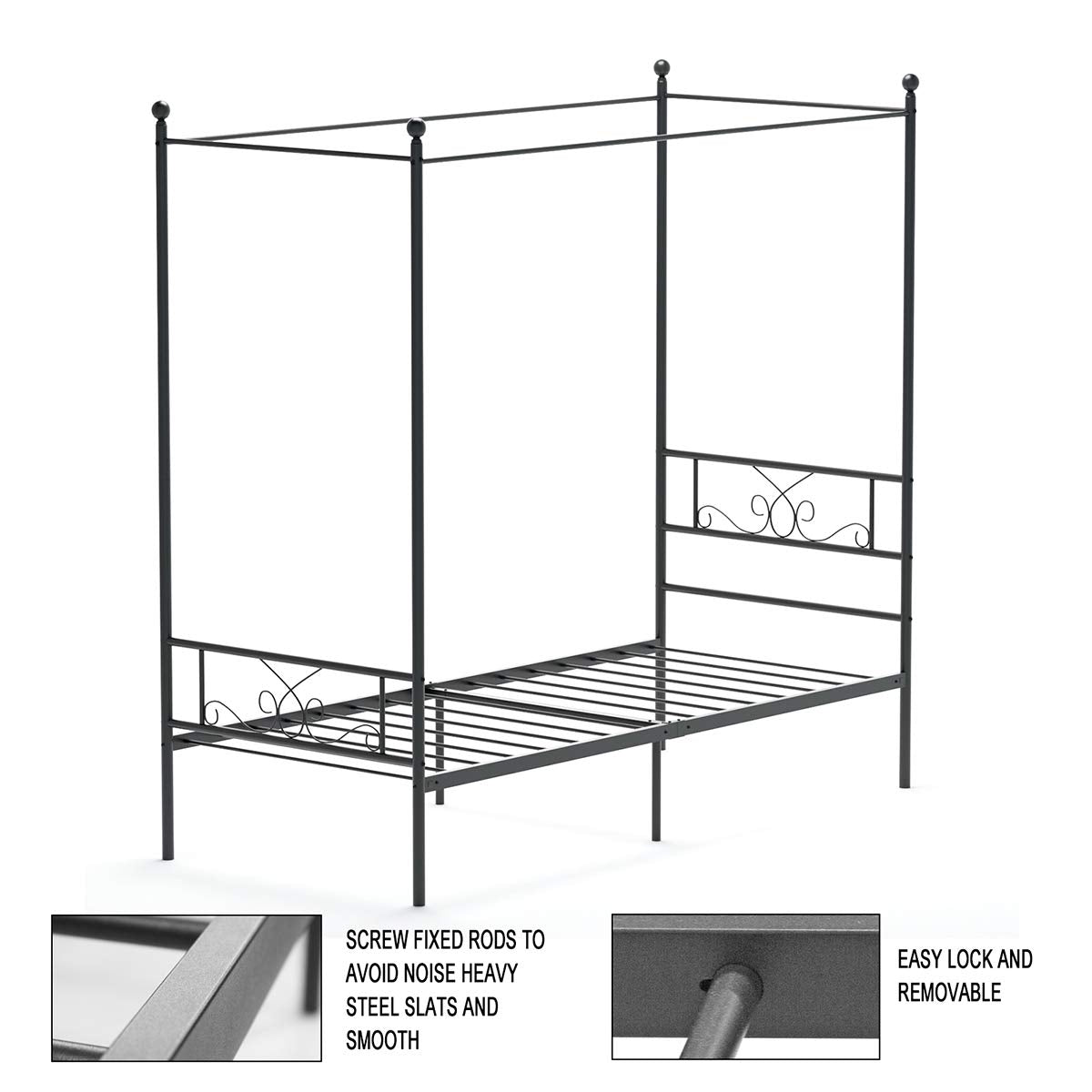 Weehom Twin Canopy Bed Frame with Headboard and Footboard, 4 Posters Metal Bed Frame, No Box Spring Needed, Mattress Foundation Platform Bed for Kids and Adults, Black