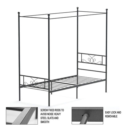 Weehom Twin Canopy Bed Frame with Headboard and Footboard, 4 Posters Metal Bed Frame, No Box Spring Needed, Mattress Foundation Platform Bed for Kids and Adults, Black