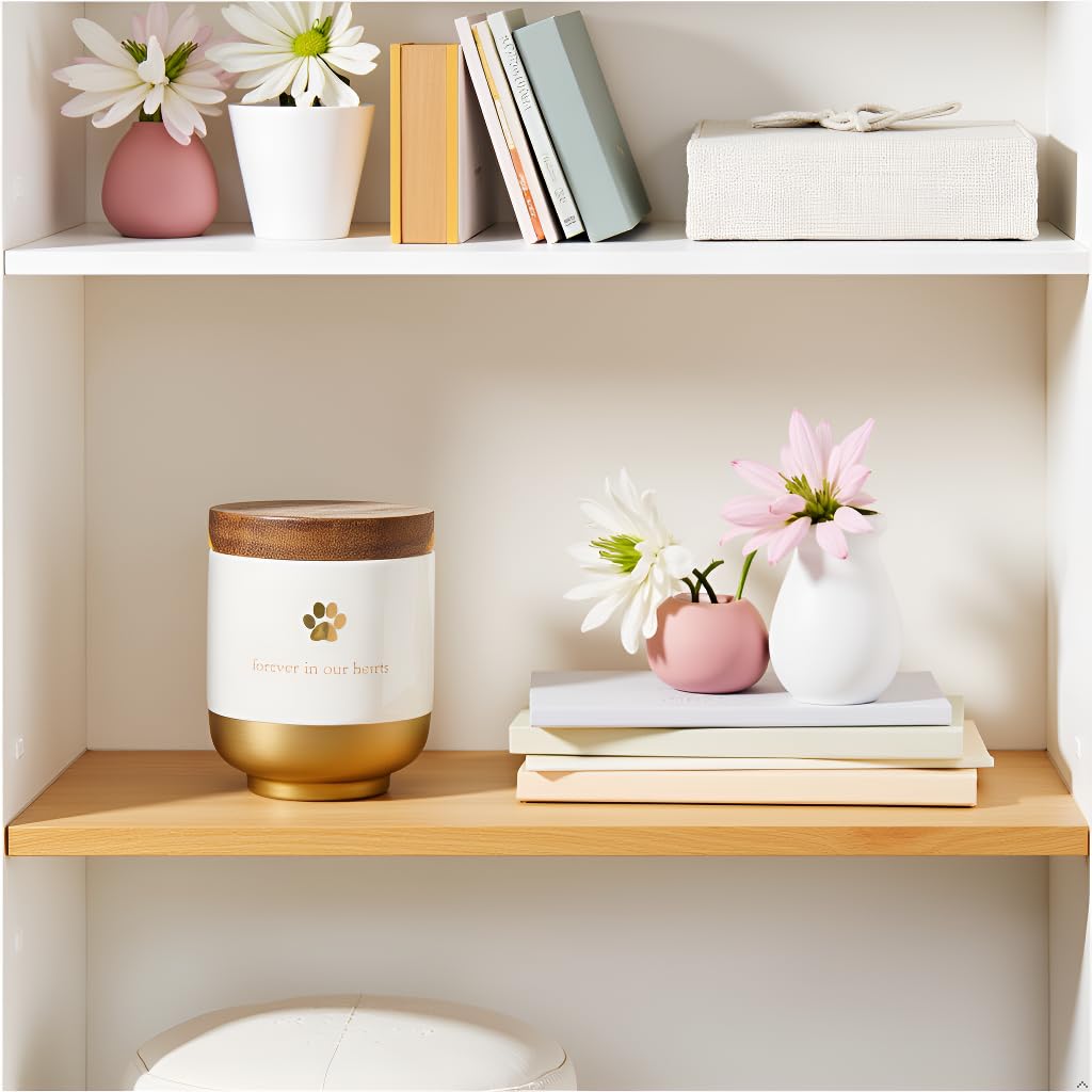 Pearhead Pet Ceramic Forever in Our Hearts Urn, Pet Memorial, Dog Or Cat Keepsake Urn, Rainbow Bridge, Gold Pearhead