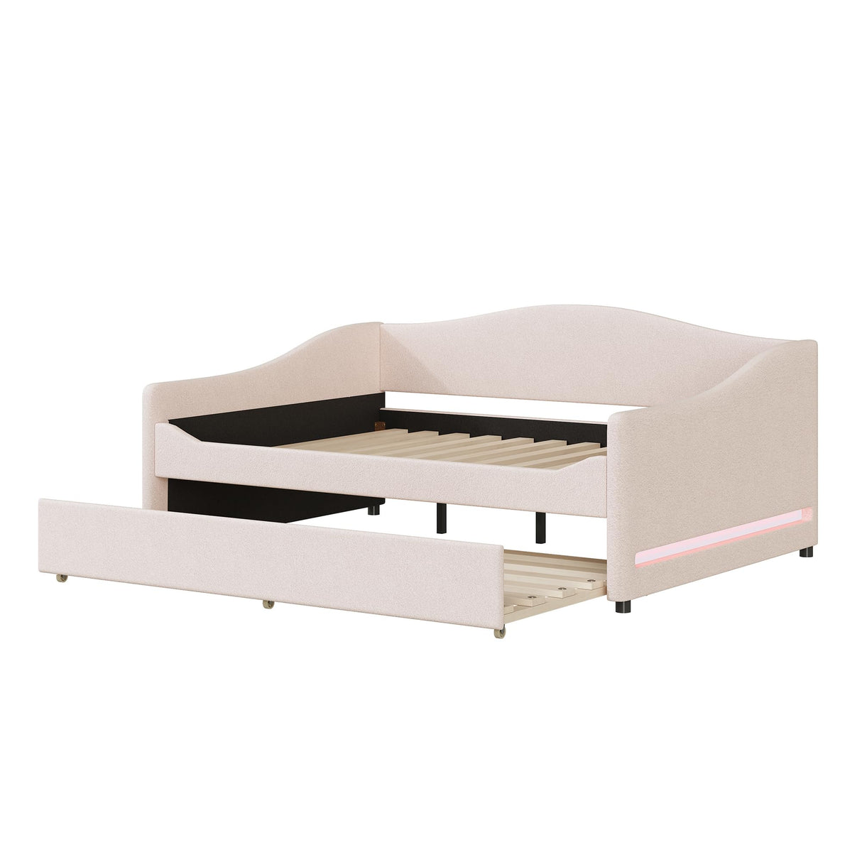 Full Size Upholstered Daybed with Trundle,Teddy Fleece Full Daybed Frame,Full Day Bed with LED Light,Tufted Sofa Bed Daybed for Bedroom,Living Room,Guest,Beige Bellemave