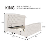 AMERLIFE King Size Platform Bed Frame, Velvet Upholstered Bed with Deep Button Tufted & Nailhead Trim Wingback Headboard/No Box Spring Required/Cream AMERLIFE