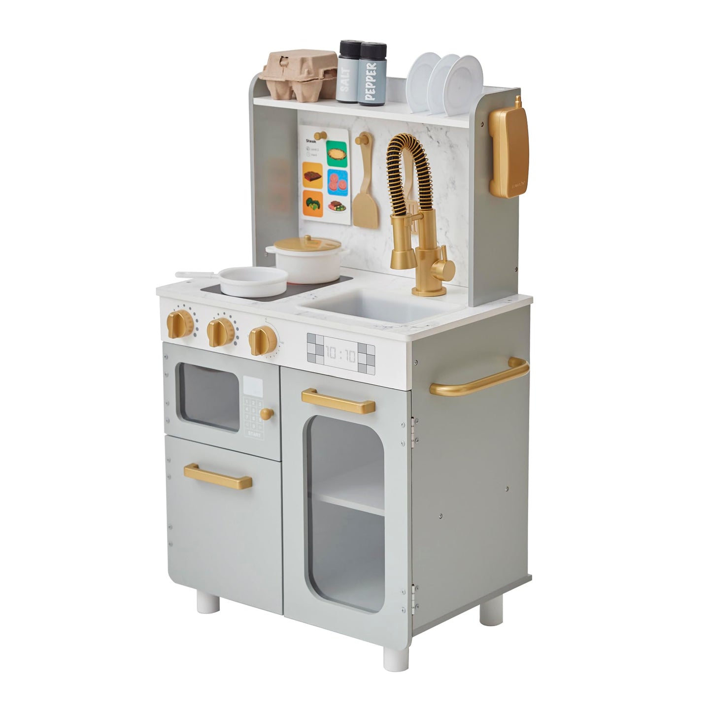 Teamson Kids Little Chef Memphis Small Wooden Play Kitchen with Interactive, Realistic Features, and 16 Kitchen Accessories - for 3yrs and up, Pretend Play House, Restaurant - Gray/Gold/Faux Marble