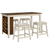 AMERLIFE 5-Piece Solid Wood Counter Height Kitchen Island Table Set with Storage, Farmhouse Dining Table & Upholstered Stools, Rustic Brown & White AMERLIFE