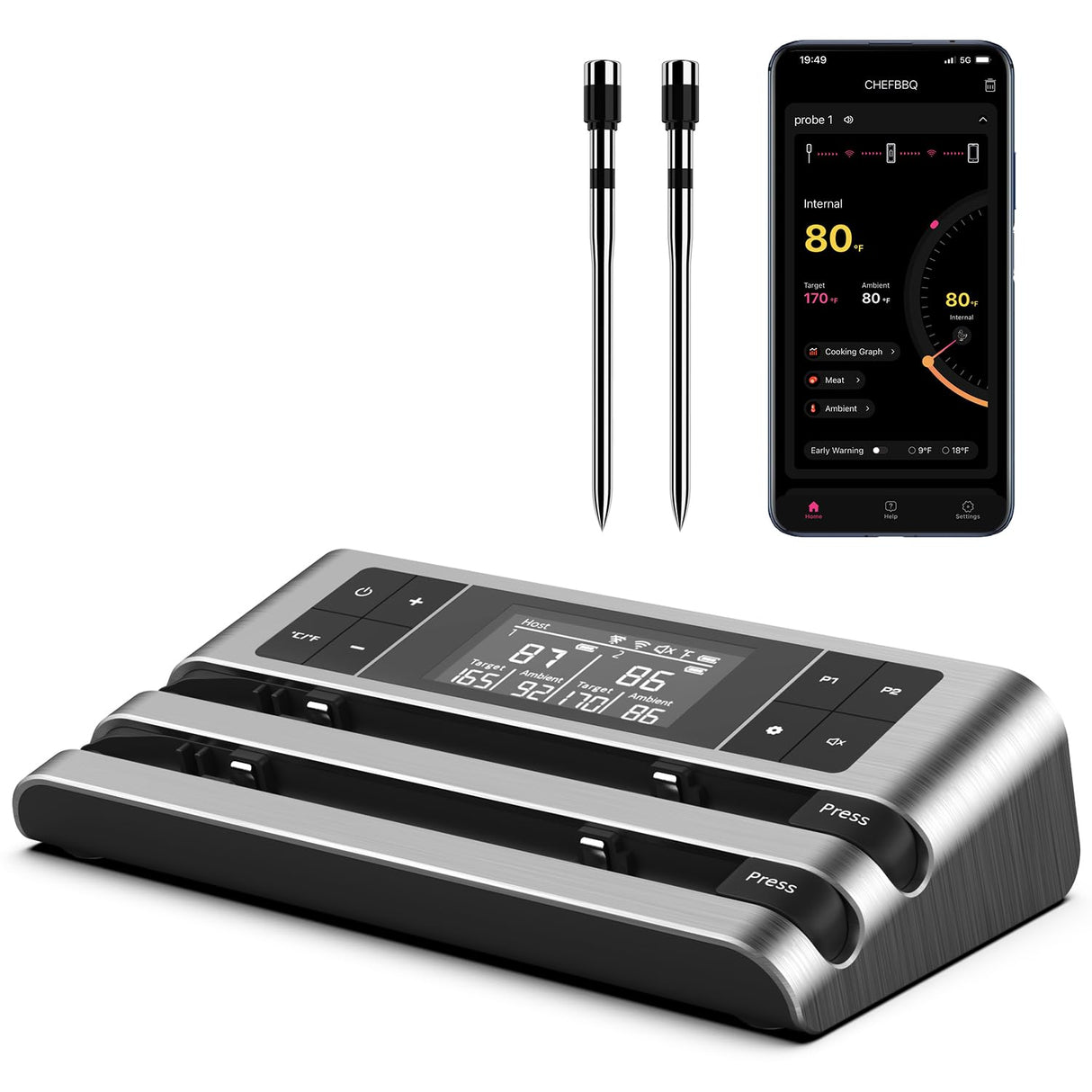 Wireless Smart Meat Thermometer with Dual-Sensor Probe, 500FT Remote Monitoring, Dedicated App, Real-Time Ambient and Food Temperature Tracking for Precise Cooking Control Dewjom