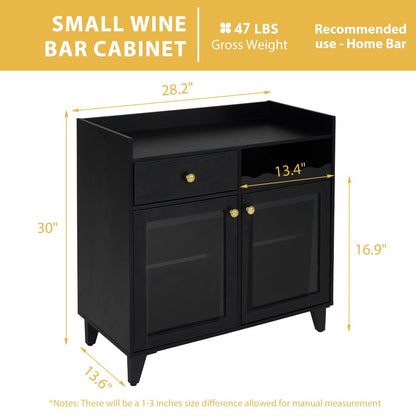 COCO DESIGN Small Bar Cabinet, Black Modern Liquor Wine Cabinet with Storage with Led Light for Home, Farmhouse Buffet Coffee Sideboard with Glass Door & Wavy Wine Rack for Kitchen - WoodArtSupply