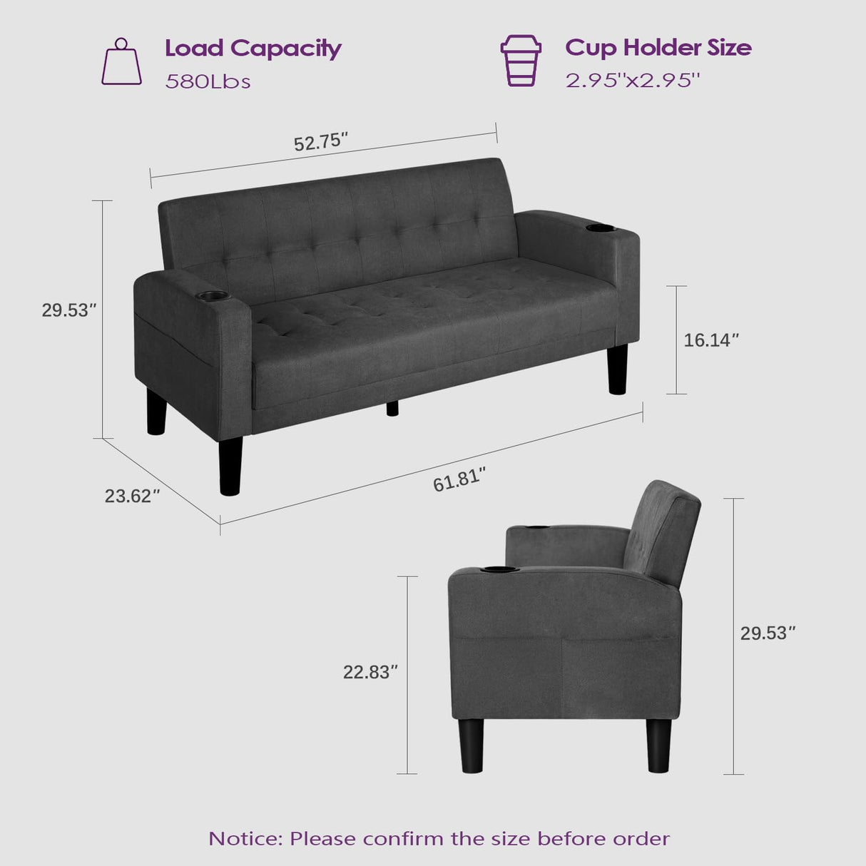 TYBOATLE 62 Inch Linen Upholstered Tufted Mid-Century Modern Loveseat Sofa w/ 2 USB Charger Ports and 2 Cupholders, Small Love Seat Couches for Living Room, Bedroom, Apartment, Dorm (Dark Grey) TYBOATLE