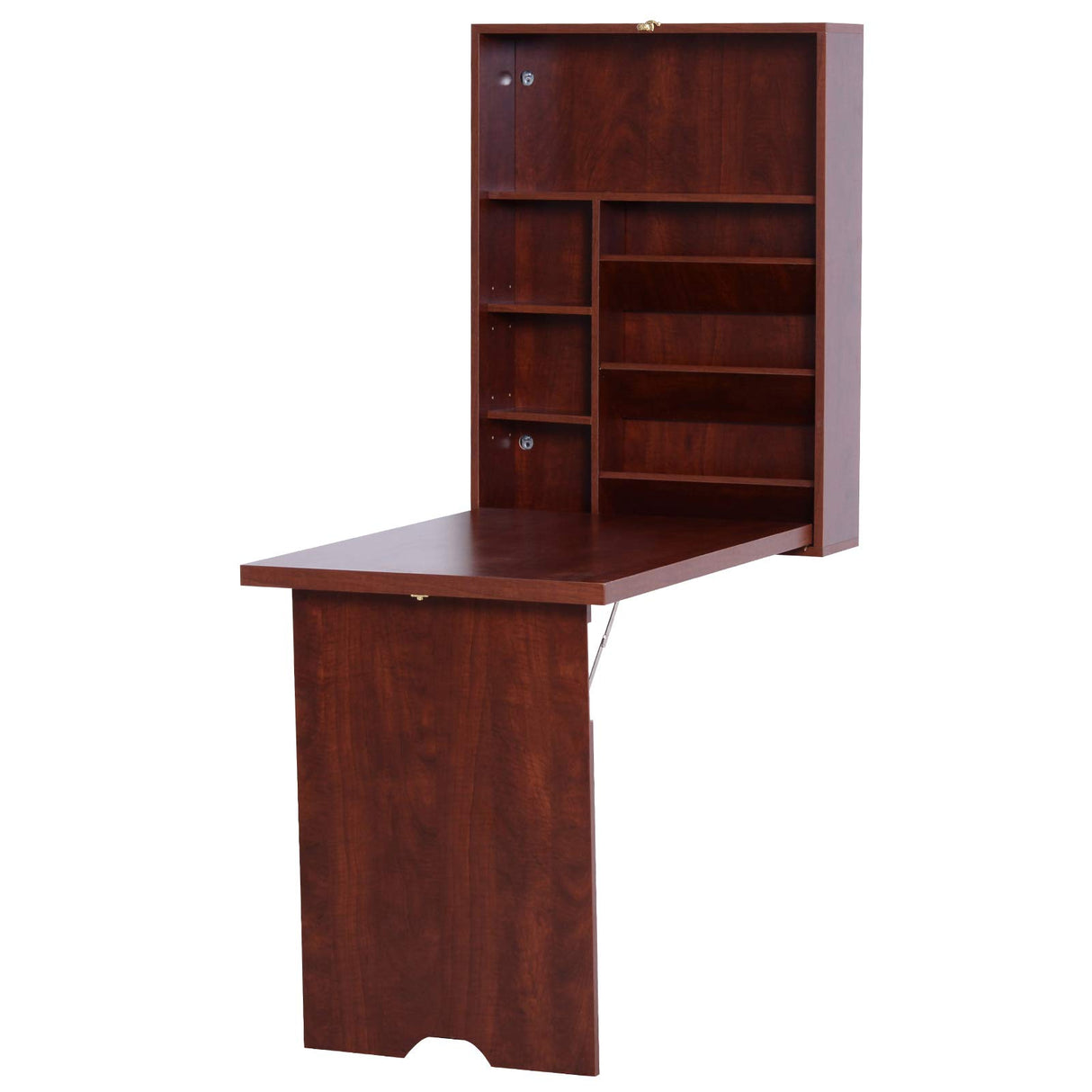 HOMCOM Wall Mounted Desk, Fold Out Convertible Desk, Multi-Function Computer Table Floating Desk with Shelves for Home Office, Mahogany HOMCOM