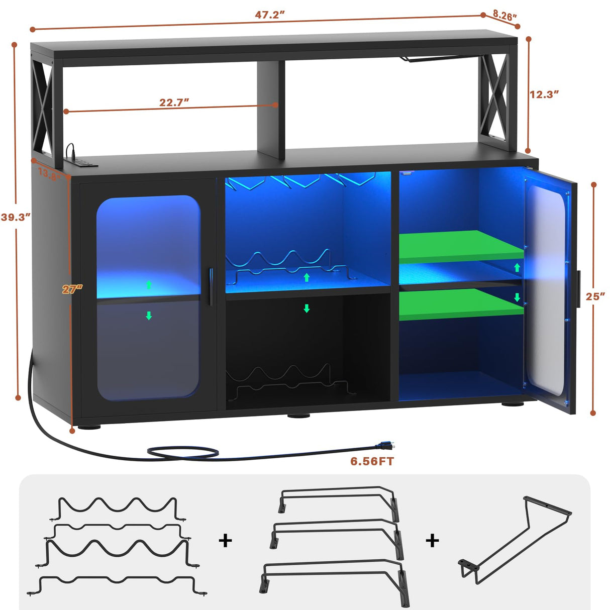 Aheaplus Bar Cabinet with Power Outlets, Liquor Cabinet with Led Lights and Glass Holder, Storage Buffet Cabinet Coffee Bar Cabinet for Liquor, Wine Cabinet with Racks -G2, Black Aheaplus