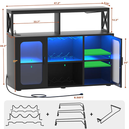 Aheaplus Bar Cabinet with Power Outlets, Liquor Cabinet with Led Lights and Glass Holder, Storage Buffet Cabinet Coffee Bar Cabinet for Liquor, Wine Cabinet with Racks -G2, Black - WoodArtSupply