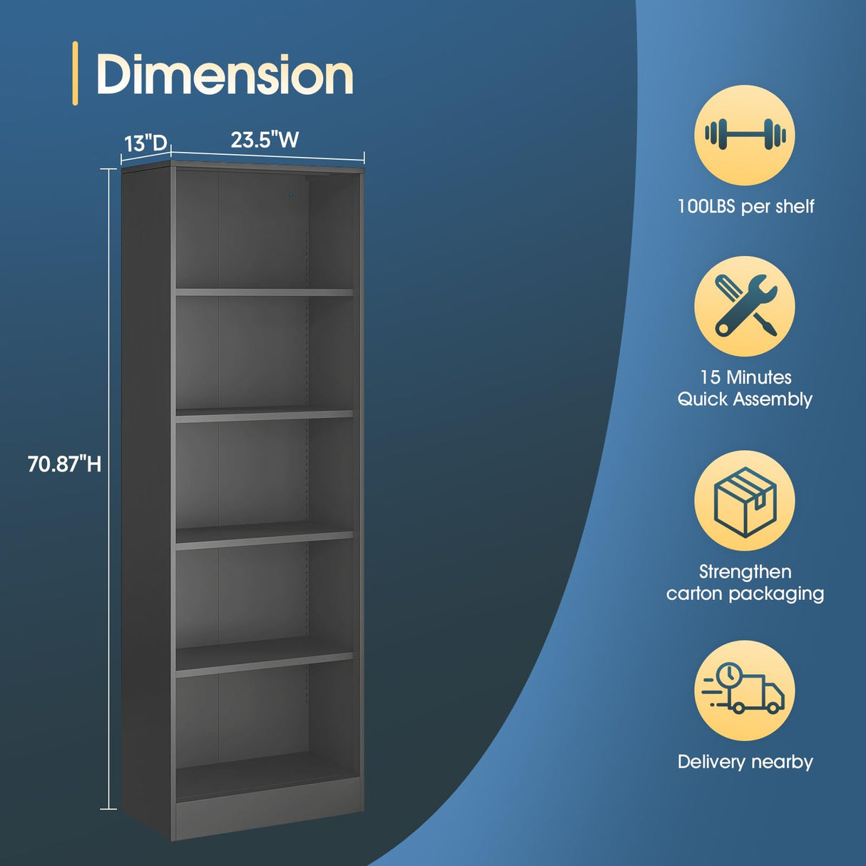 IRONMIX Metal Open Bookcase, 5-Tier Bookshelf with Adjustable Shelves, Black Bookshelf for Small Places, 70" 87 Tall Book Shelf, Curio Cabint Display Case for Home Office, Library, Living Room IRONMIX