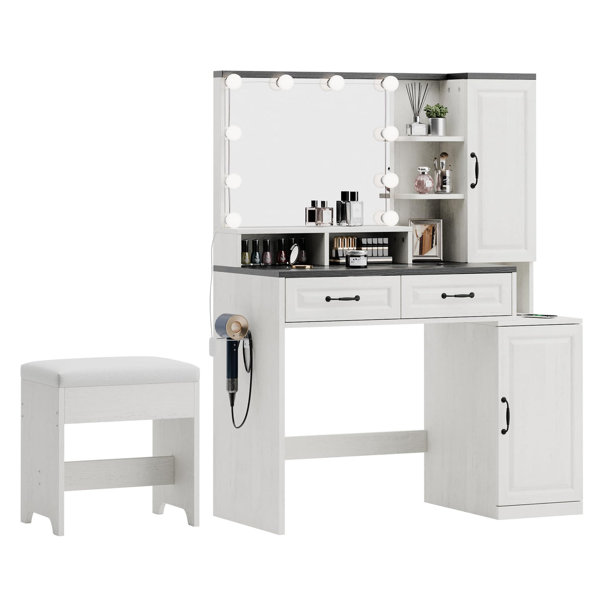 Buytime Farmhouse Makeup Vanity with Charging Station, Vanity Desk with Lights Mirror and Drawers, Glass Top Makeup Vanity with Jewelry Cabinet, Hairdryer Holder and Stool for Bedroom, Off White Buytime
