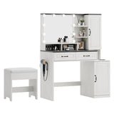 Buytime Farmhouse Makeup Vanity with Charging Station, Vanity Desk with Lights Mirror and Drawers, Glass Top Makeup Vanity with Jewelry Cabinet, Hairdryer Holder and Stool for Bedroom, Off White Buytime