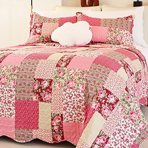 Cmfshape Summer Floral Queen Quilted Bedspread,Romantic Pink Quilt Set Full,Reversible Stitched Bedding Set All Season,Soft Lightweight Coverlet with Pillow Cases (Hot Pink&Rose, Queen90 x90) Cmfshape