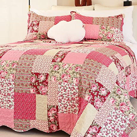 Cmfshape Summer Floral Queen Quilted Bedspread,Romantic Pink Quilt Set Full,Reversible Stitched Bedding Set All Season,Soft Lightweight Coverlet with Pillow Cases (Hot Pink&Rose, Queen90 x90) Cmfshape