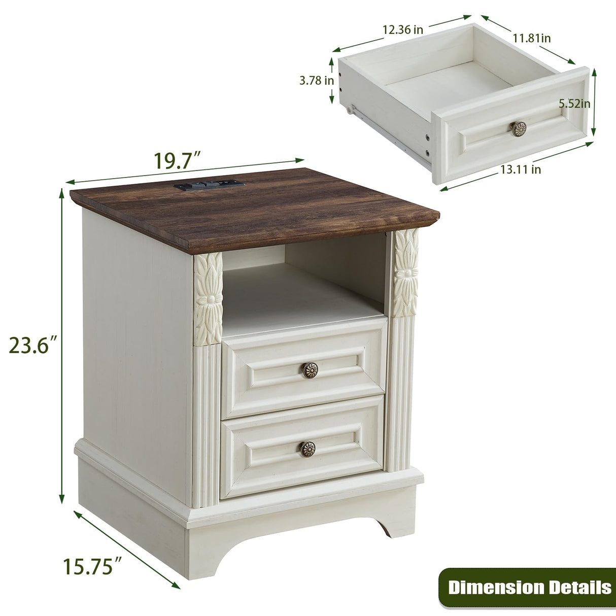 BLANKSPACE Nightstand with Charging Station, Farmhouse End Side Table, Smart LED Night Stand,Bedside Cabinet for Bedroom, Living Room (Antique White) BLANKSPACE