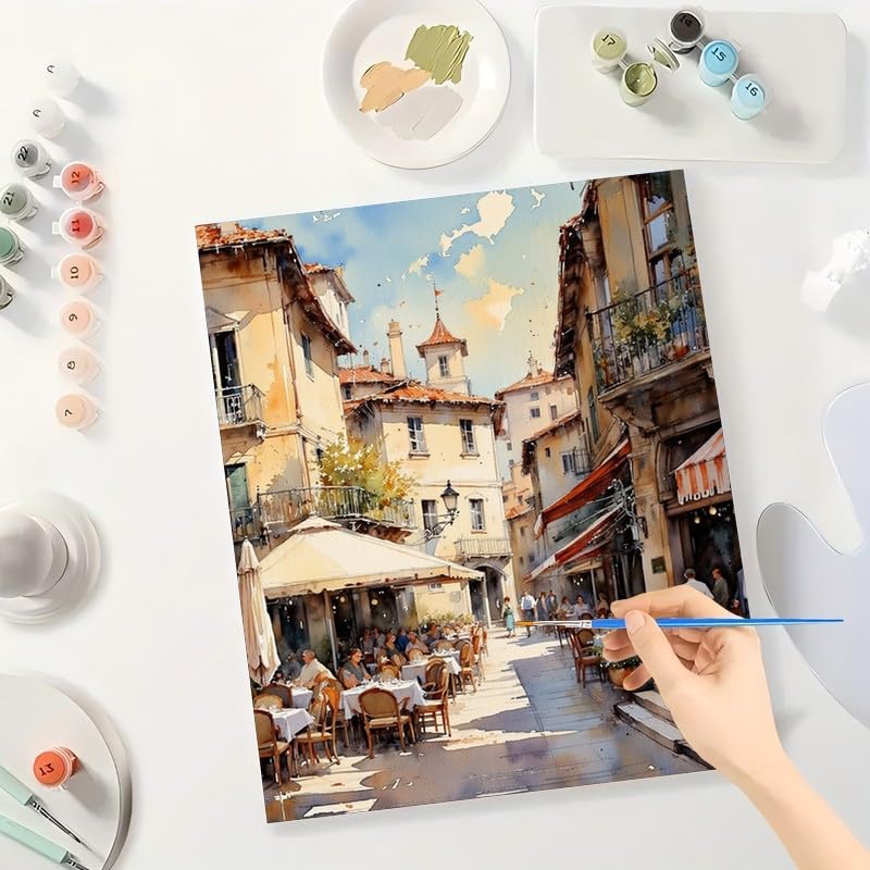 Cityscape Paint by Numbers Kit for Adults - DIY Sunny Café Street Scene Painting on Canvas 16x20 Inches, Acrylic Paint Set, Suitable for Beginners, Travel Art for Home Decoration or Gifts DecorFriday