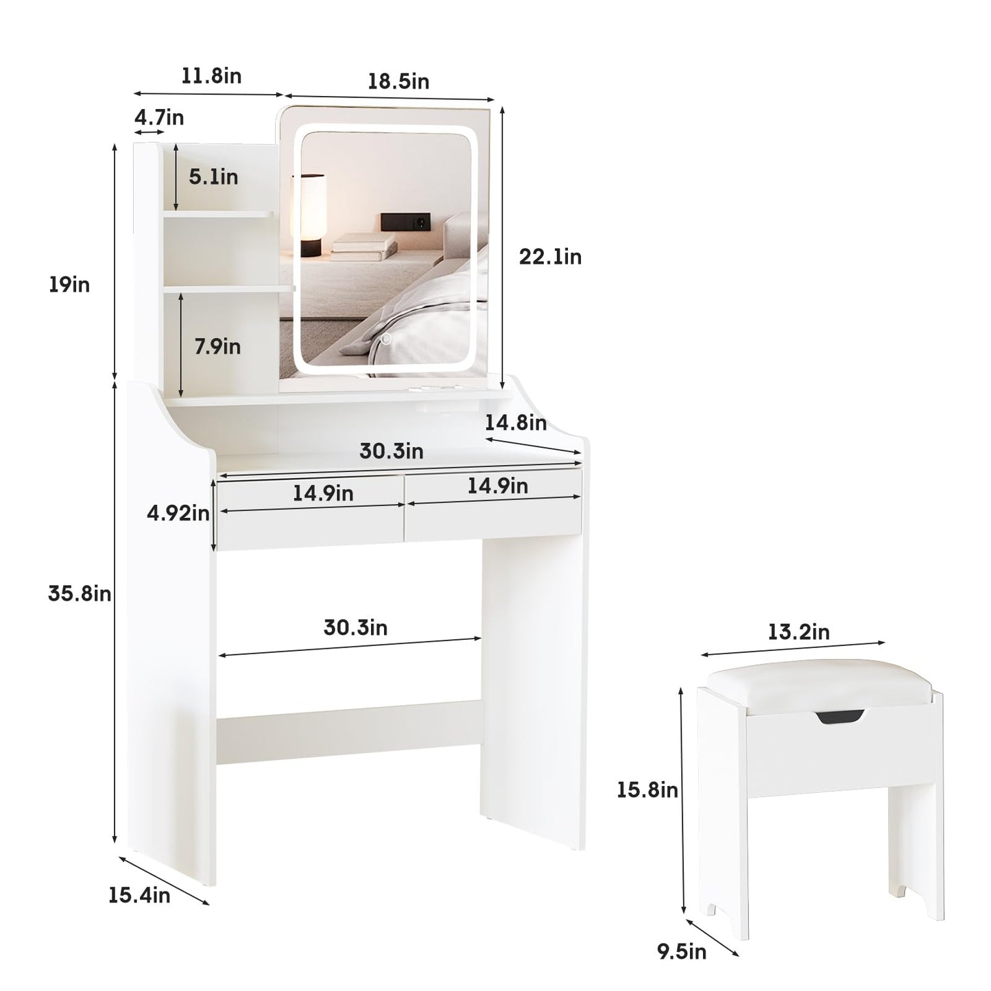 Vabches Vanity Desk with LED Light Mirror and Charging Station 30.3in, Small Vanity Set with 4 Storage Shelves 2 Drawers, Vanity for Girls Women with Storage Stool, Vanity Table for Bedroom ( - WoodArtSupply