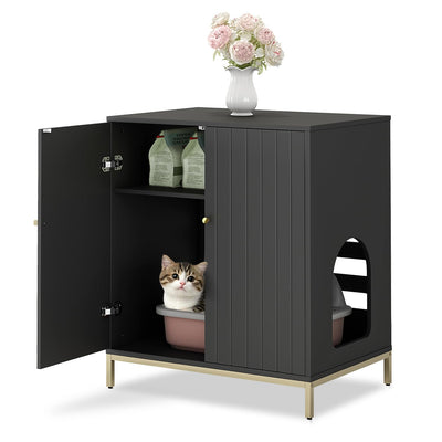 Convend Stylish Cat Litter Box Enclosure, Modern Hidden Litter Box Furniture with Tall Legs, Side Entrance, and Dual Use as End Table for Living Room or Bedroom (Black & Gold)