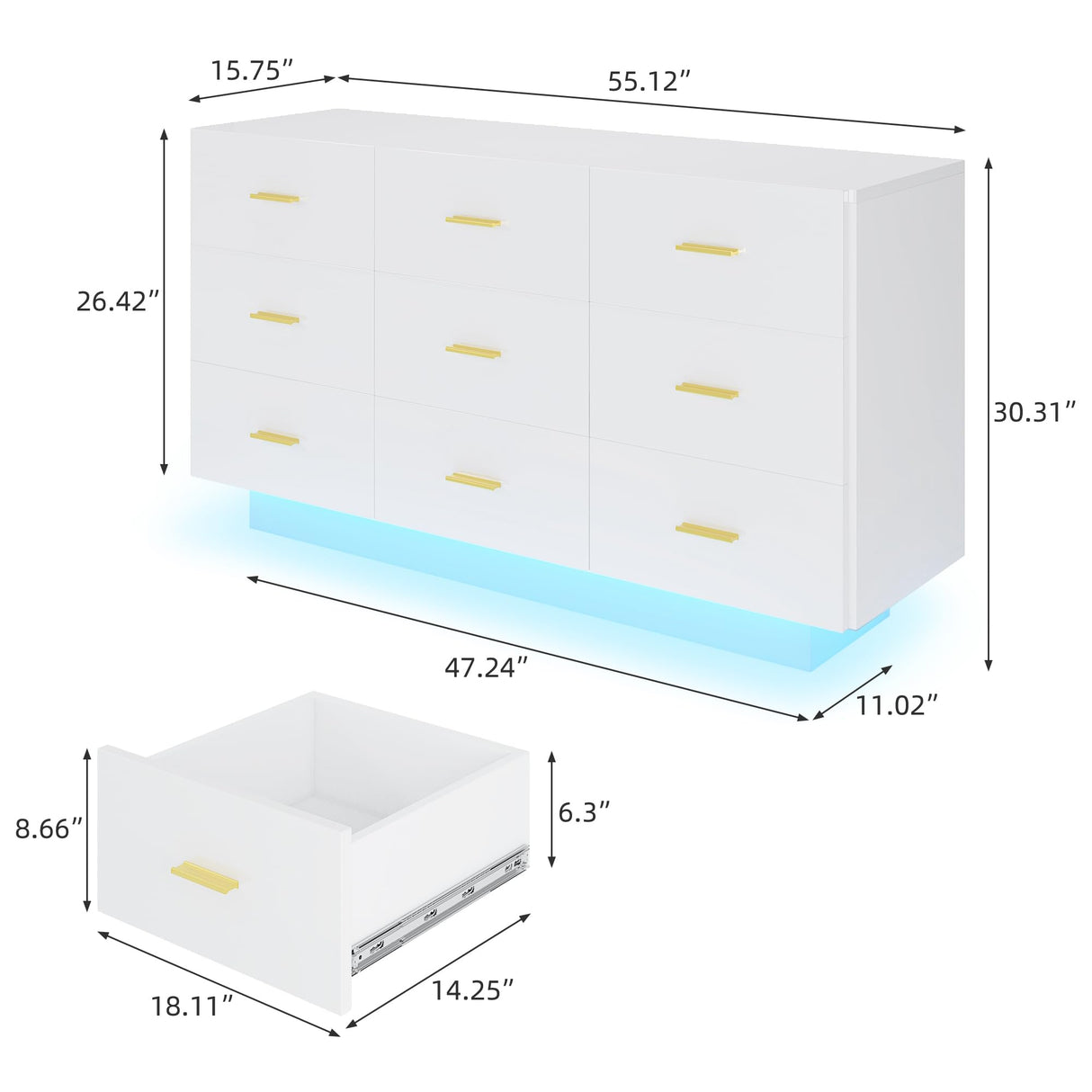 Walmokid 9 Drawer Dresser for Bedroom, 55'' W Highly Reflective Modern Chest of Drawers with LED Light, Wooden Dresser Organizer Cabinet for Living Room, Entryway (White) Walmokid