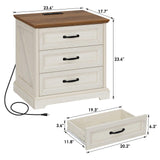 HOMMPA 24'' Farmhouse Nightstand with Charging Station, Bedside Tables with Storage, Side Table with USB Port, 3 Drawers End Table Dresser, Wood Night Stand for Bedroom, Living Room, Rustic White HOMMPA