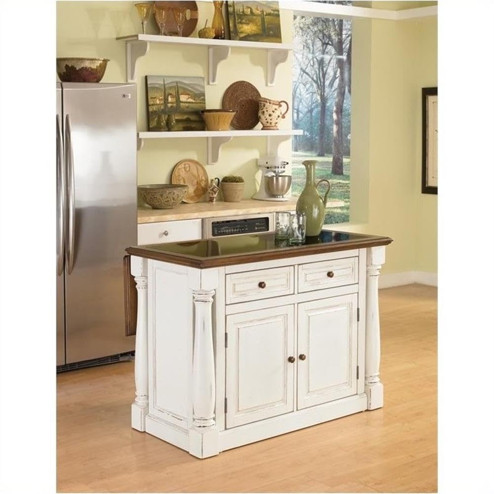 Pemberly Row Farmhouse Wood Kitchen Island with Granite Top in Antique White Pemberly Row