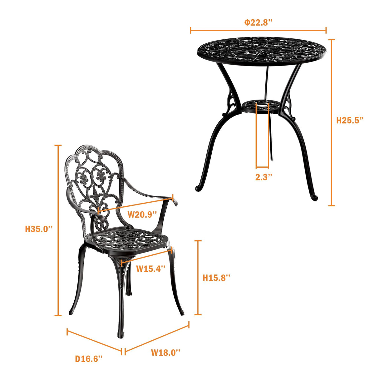 Z1UVDFUR Patio Bistro Set of 2, Cast Aluminum, Outdoor Set w/Umbrella Hole, 3 Piece Table and Chairs Set, Bistro Set for Backyard/Garden/Lawn, Black Z1UVDFUR