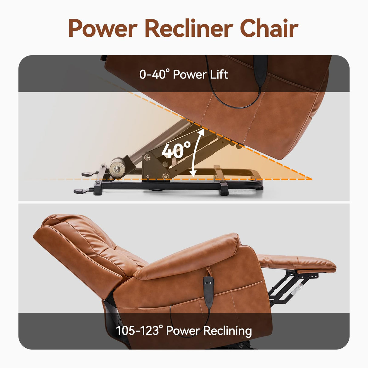 AIRSKY Power Lift Recliner Chair, Faux Leather, with Vibration Massage & Lumbar Heating, Dual Cup Holders & Side Pockets, Ideal for Elderly, Living Room, P3, Brown AIRSKY